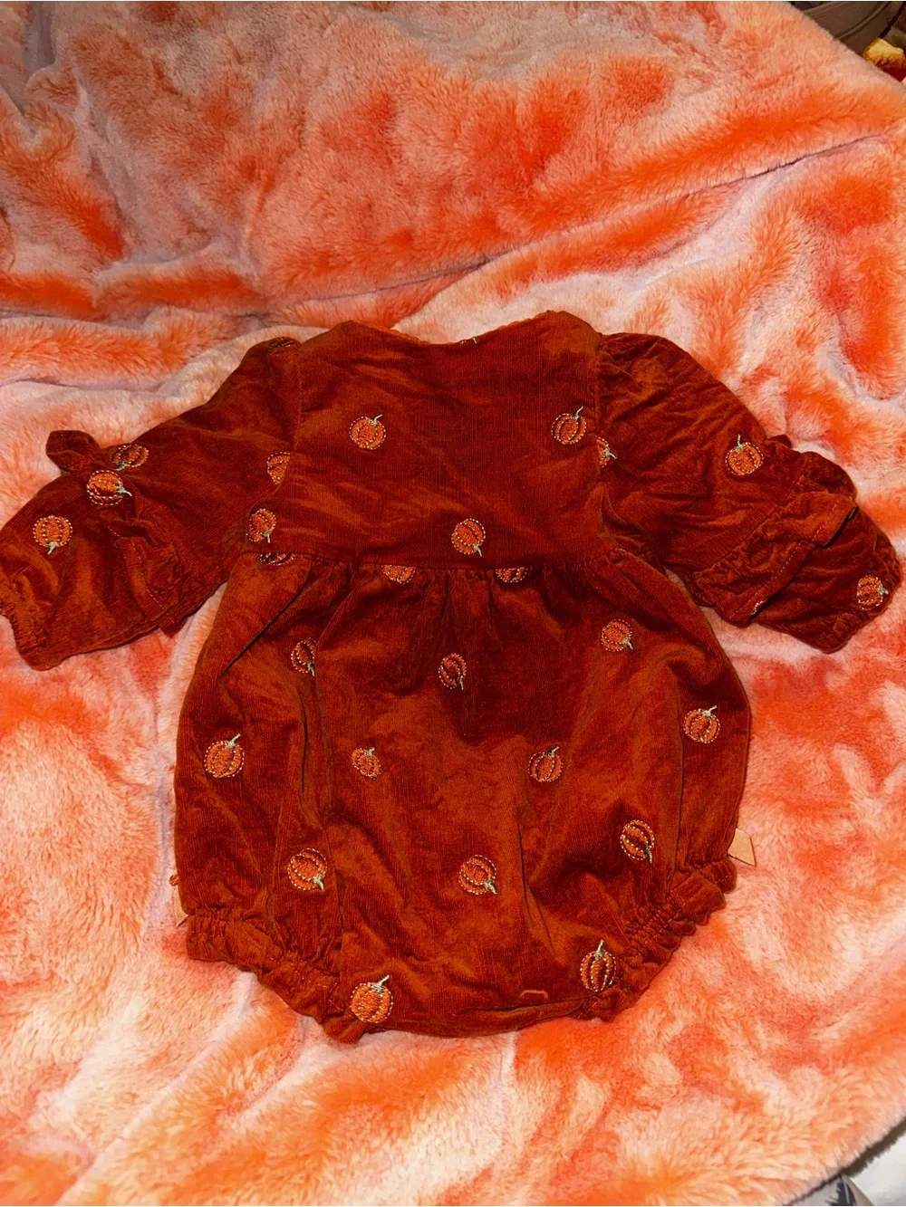 Isaac Mizrahi Rust Velvet Baby Romper with Pumpkin Embroidery